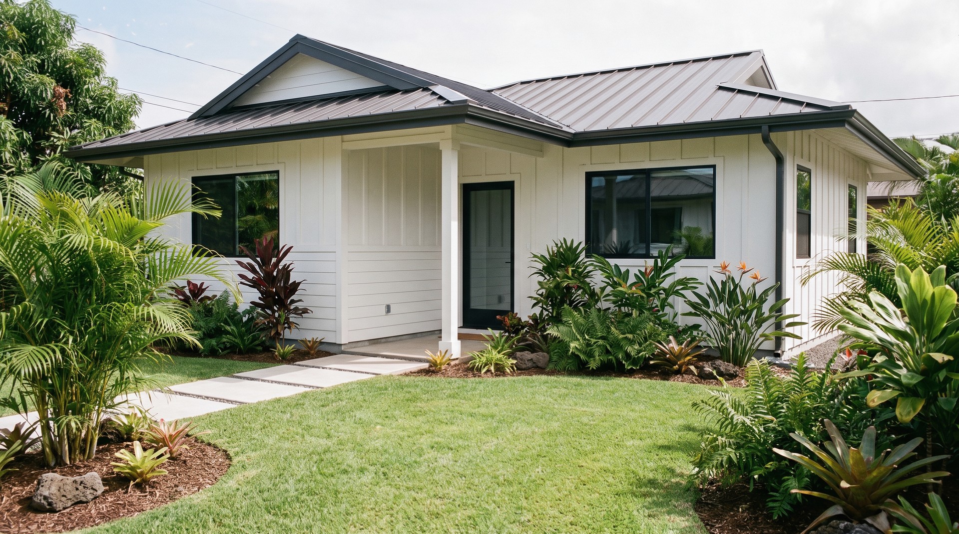 Island Classic ADU — white board-and-batten, black windows, standing-seam roof