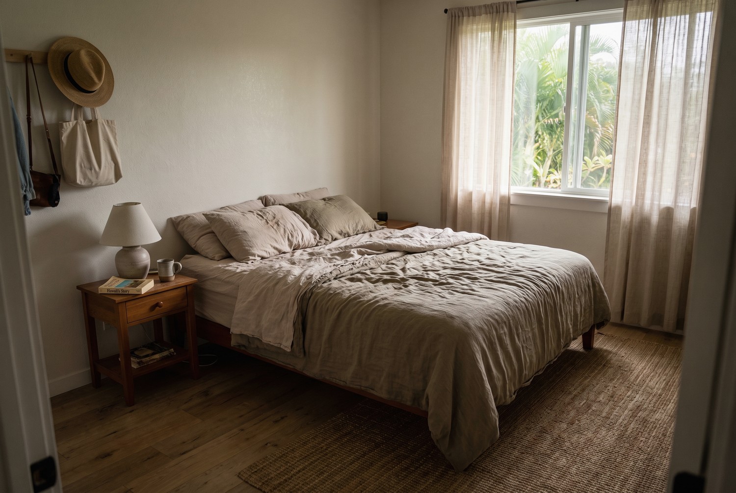 ADU interior — bright bedroom with tropical view