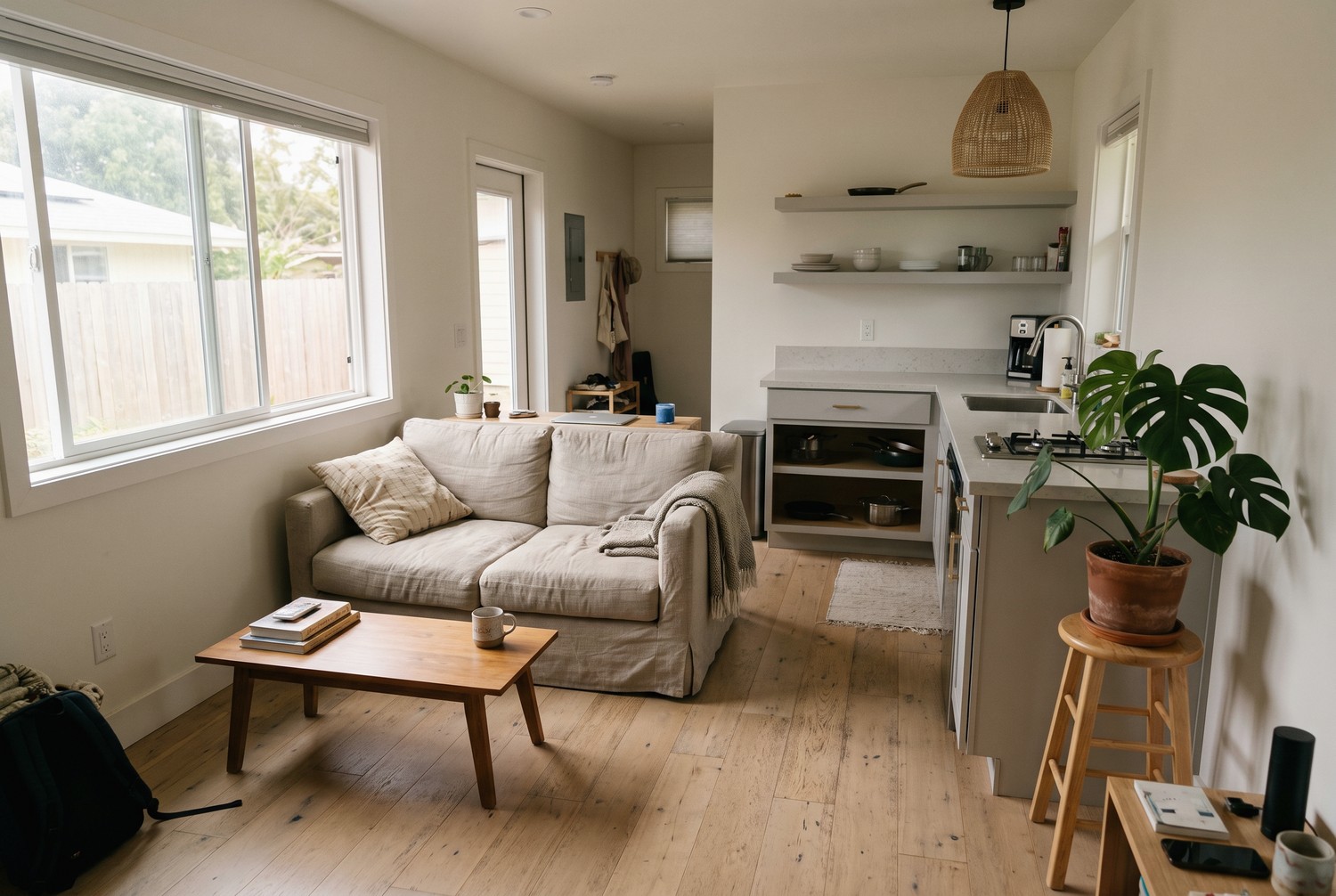 ADU interior — vaulted living and kitchen with island