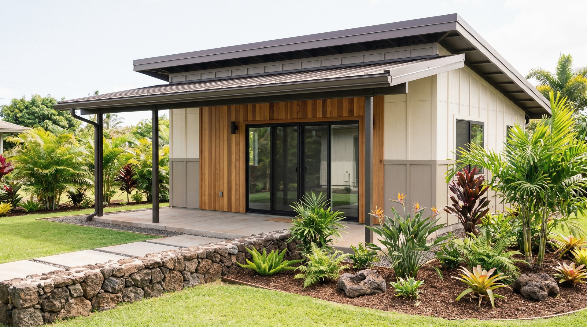 Warm Modern ADU — greige siding, cedar accents, low-slope roof, big glass