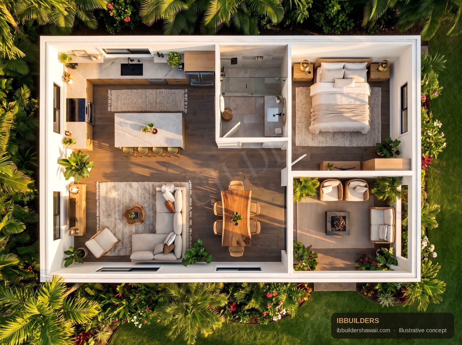 One-bedroom 3D floor plan — illustrative