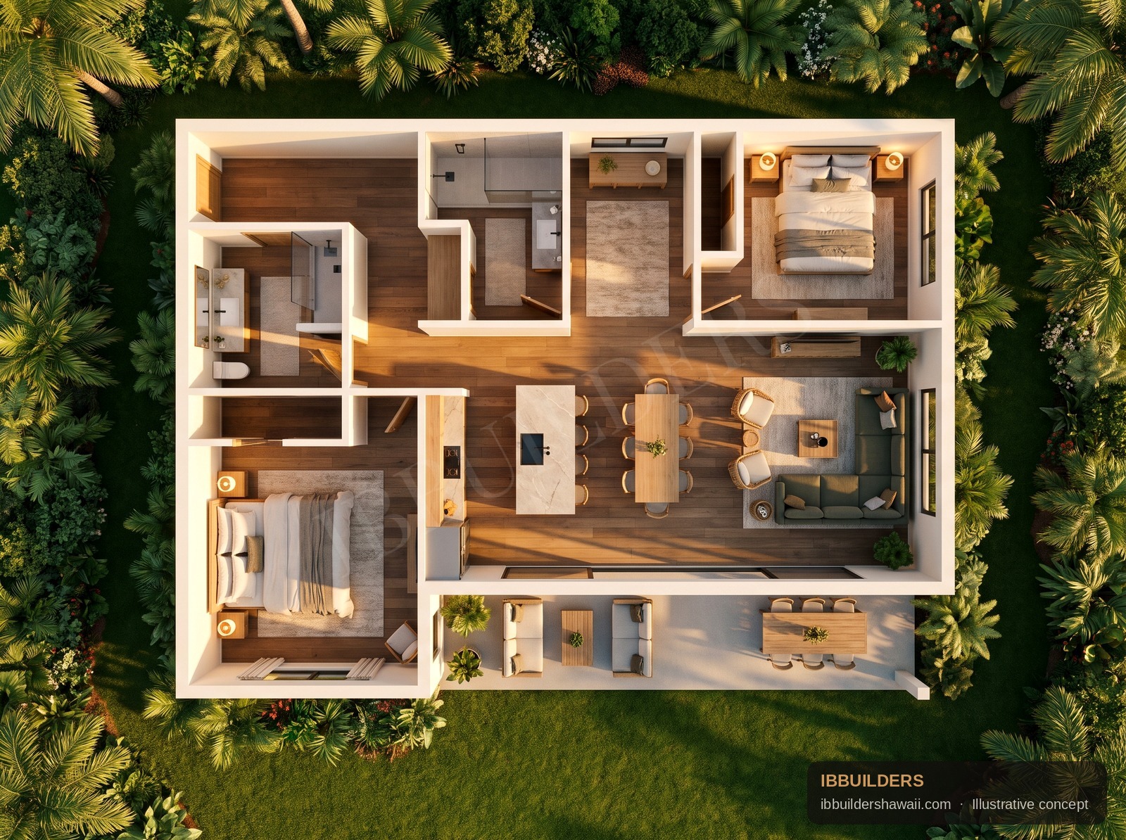 Two-bedroom 3D floor plan — illustrative