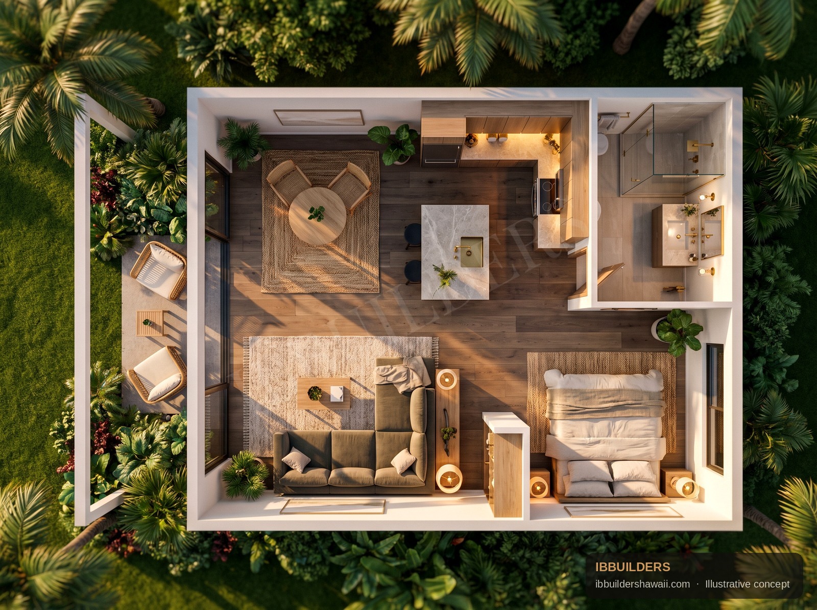 Studio 3D floor plan — illustrative
